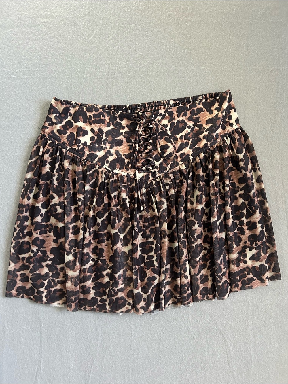 Y2K Leopard print Mini Skort V-Yoke Waistband w/ corset inspired lace-up front L
